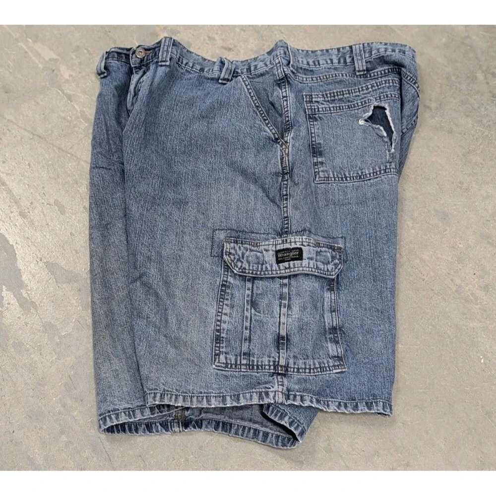 Y2K Baggy Workwear Wrangler Jorts‎ Carpenter Denim Cargo Men's 44 Worn Wash